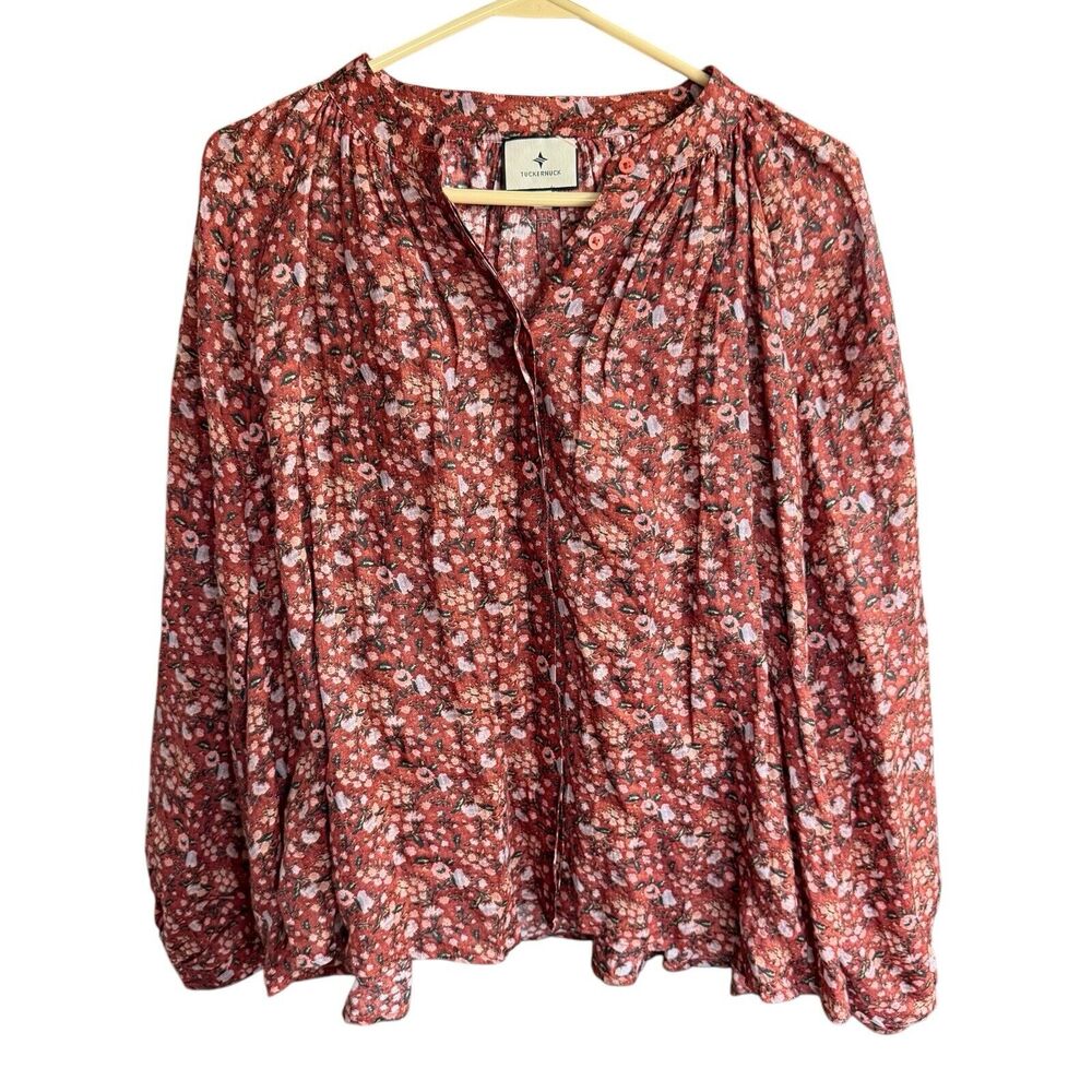 TUCKERNUCK Red Ditsy Vermillion Vine Sawyer Blouse Floral Button Up Size Large
